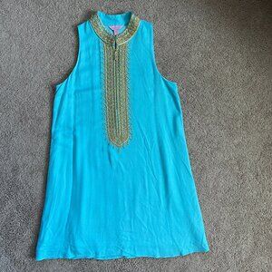 Lilly Pulitzer IBIZA BLUE JANE SHIFT DRESS Gold Braid Nehru Sleeveless Dress Sz6